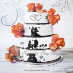 40BW Weselny tort z malowaną historią miłośną i żywymi kwiatami