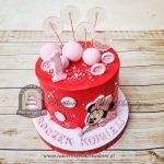 398BD Tort na roczek czerwono-różowy z lizakami kulkami, guzikami i myszką Minnie-cukiernia-pod-arkadami