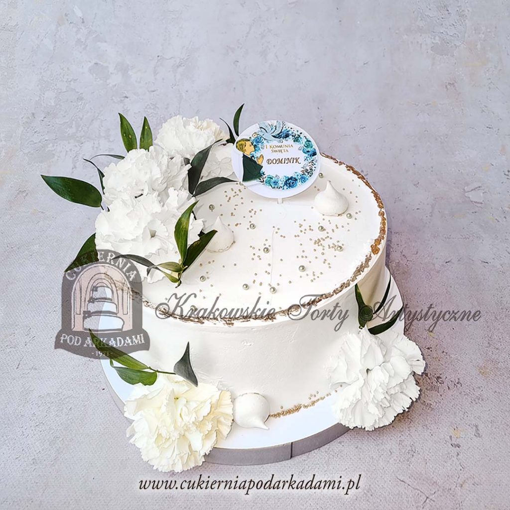 374BD-K tort na Komunie z żywymi kwiatami, metalizowanymi brzegami i personalizacją na masie cukrowej-cukiernia-pod-arkadami-cpa